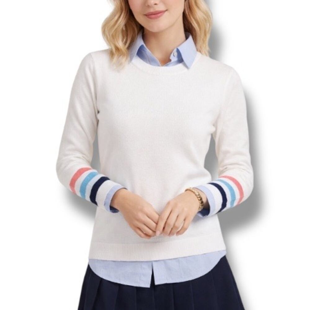 Southern‎ Tide White Cotton Cashmere Sweater XS Striped Sleeve Preppy Classic